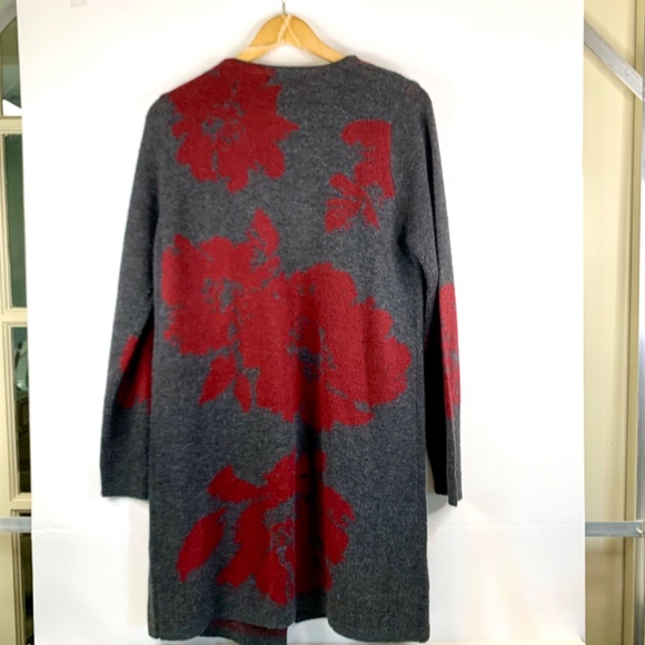 Asymmetrical lagenlook red / grey floral draped long sweater/ cardigan/ jacket - Picture 6 of 10